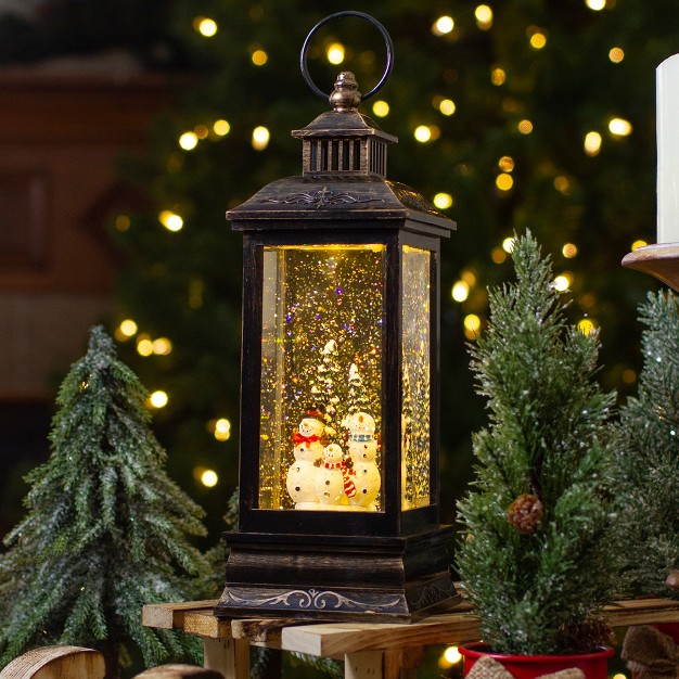 Black With Brushed Gold Led Snowman Family Christmas Lantern Snow Globe