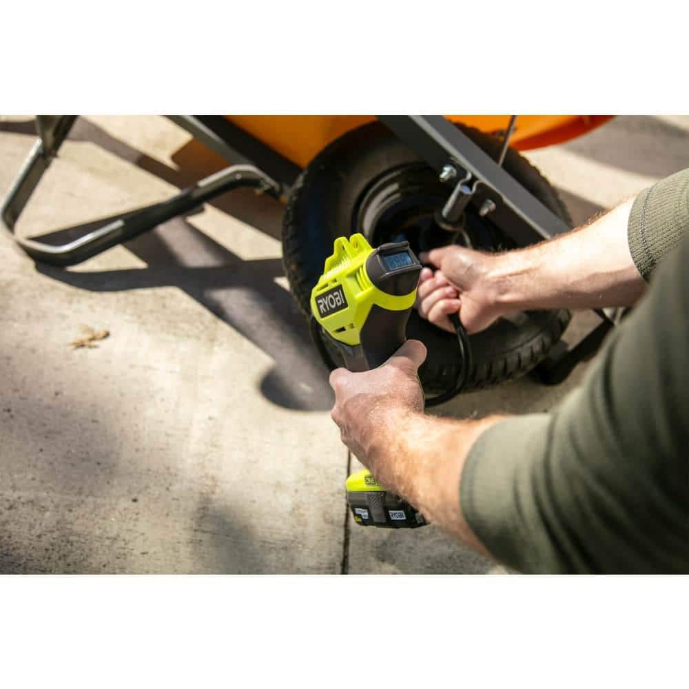 RYOBI ONE+ 18V Cordless High Pressure Inflator with Digital Gauge and 2.0 Ah Compact Battery and Charger Starter Kit P737D-PSK005