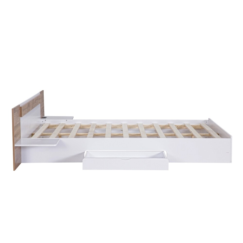 Queen Size Platform Bed with Headboard  Drawers  Shelves  USB Ports and Sockets  White