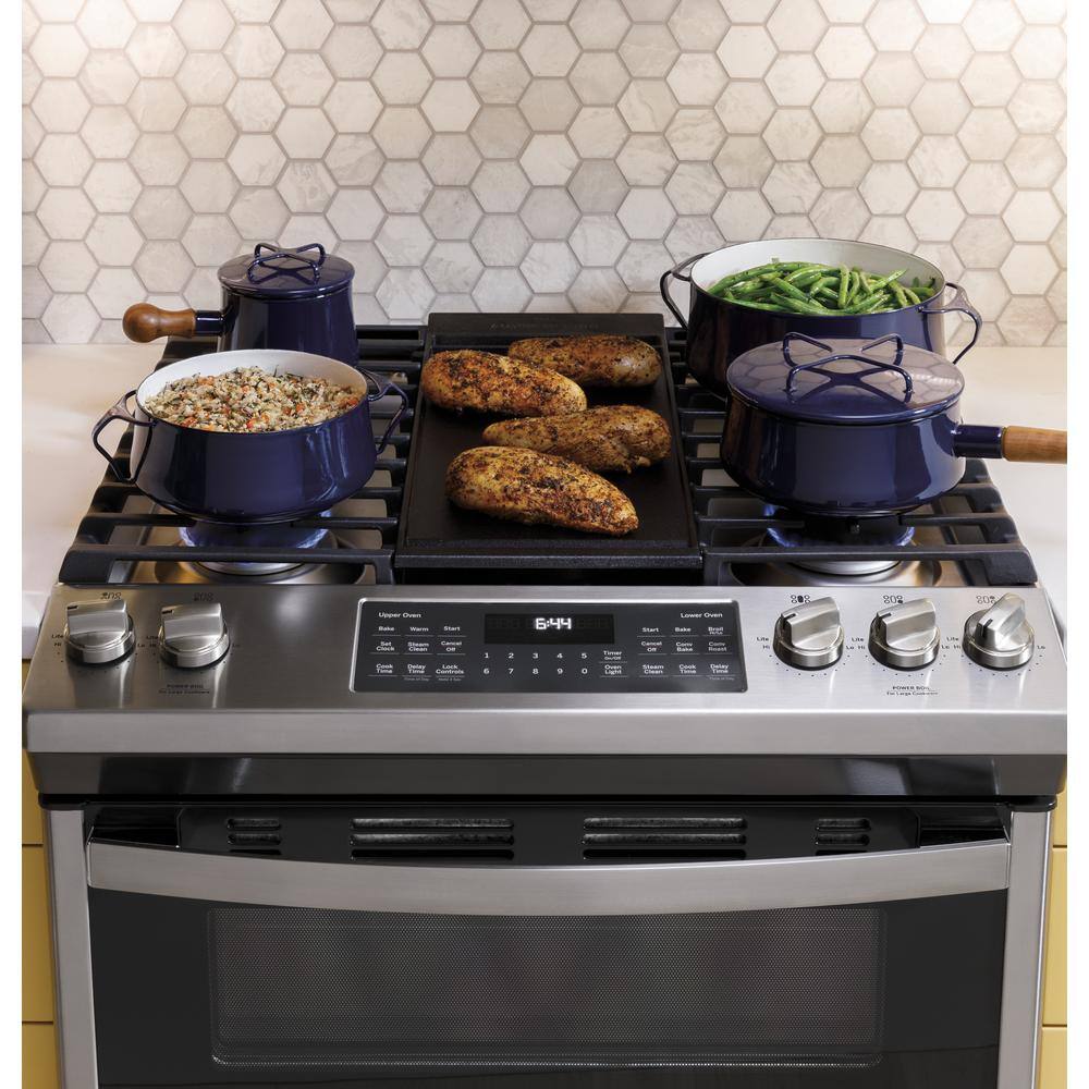 GE 30 in. 6.7 cu. ft. Slide-In Double Oven Gas Range in Stainless Steel with Griddle JGSS86SPSS