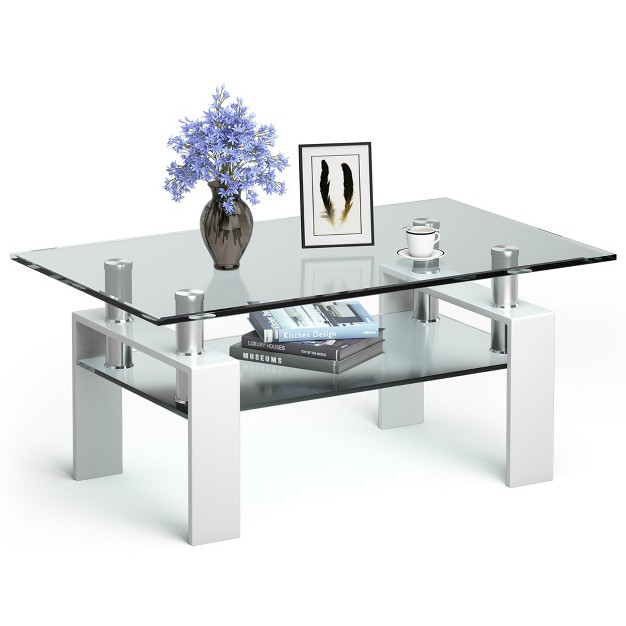 Costway Rectangle Glass Coffee Table Metal Legs End Table Livingroom White black coffee nature