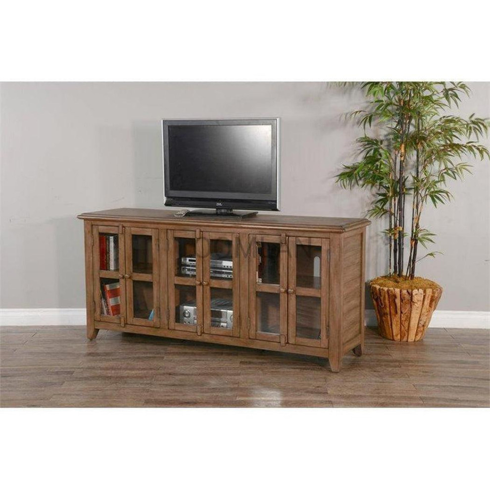 70 quotDistressed Brown TV Stand Media Console Glass Doors Storage Cabinet   Transitional   Entertainment Centers And Tv Stands   by Sideboards and Things  Houzz