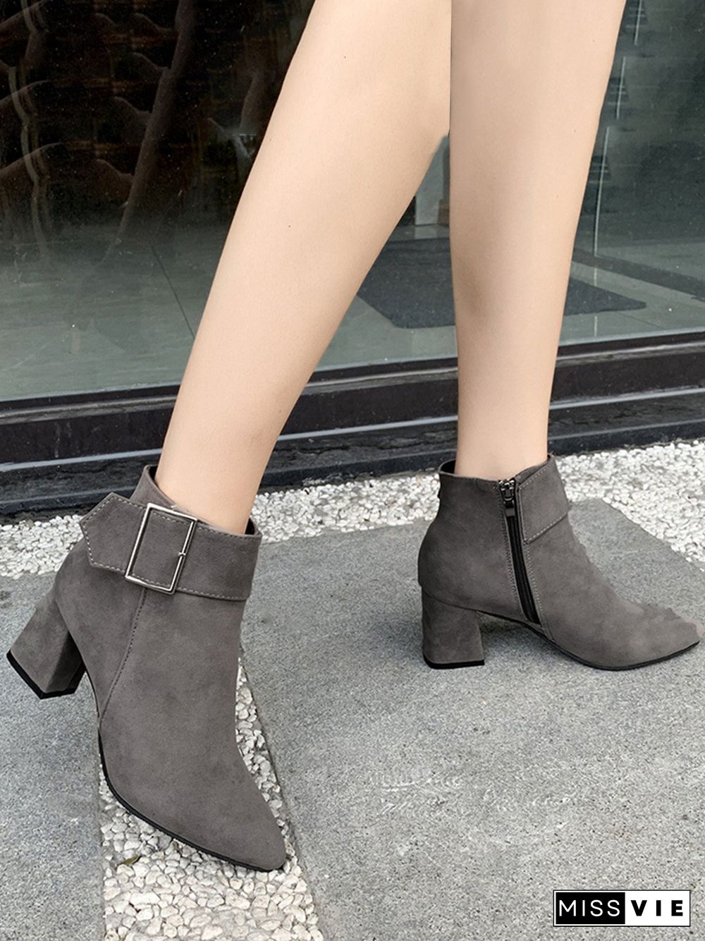 Chunky Heel Buckle Pointed-Toe Suede Martin Boots