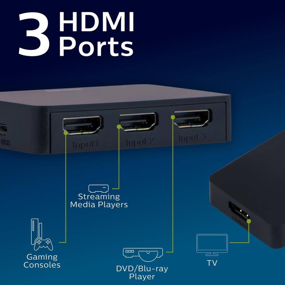 Philips 3-Device 4K HDMI 2.0 Switch 3 to 1 HDMI Connection SWV9283A27