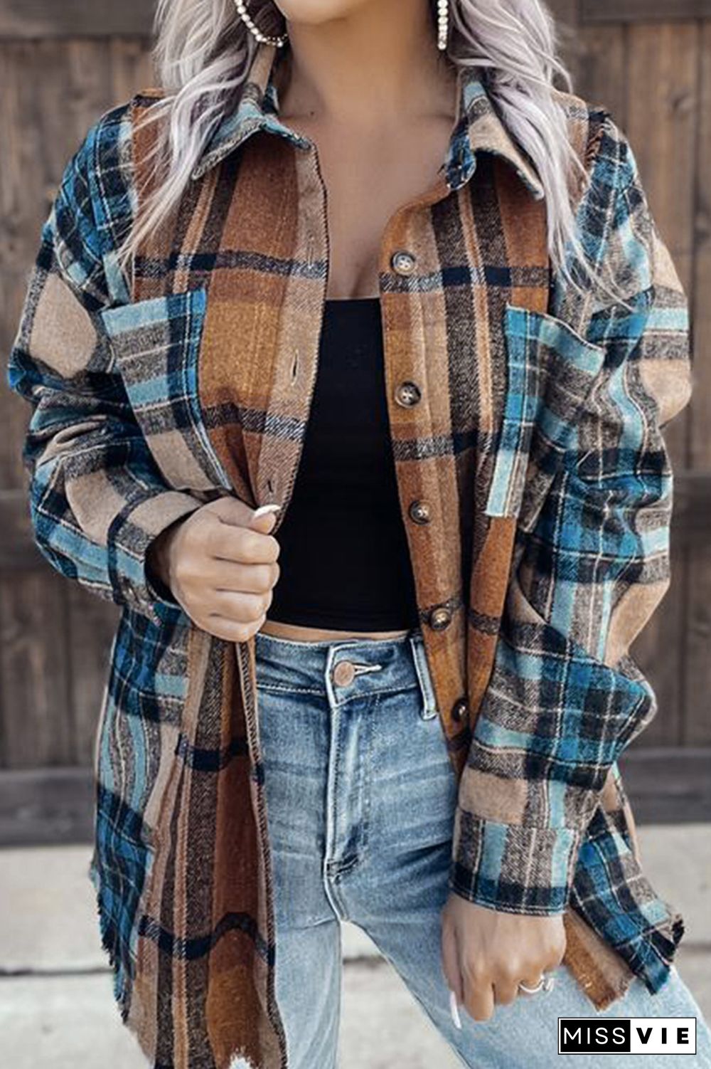 Plaid Colorblock Button Pocket Shirt