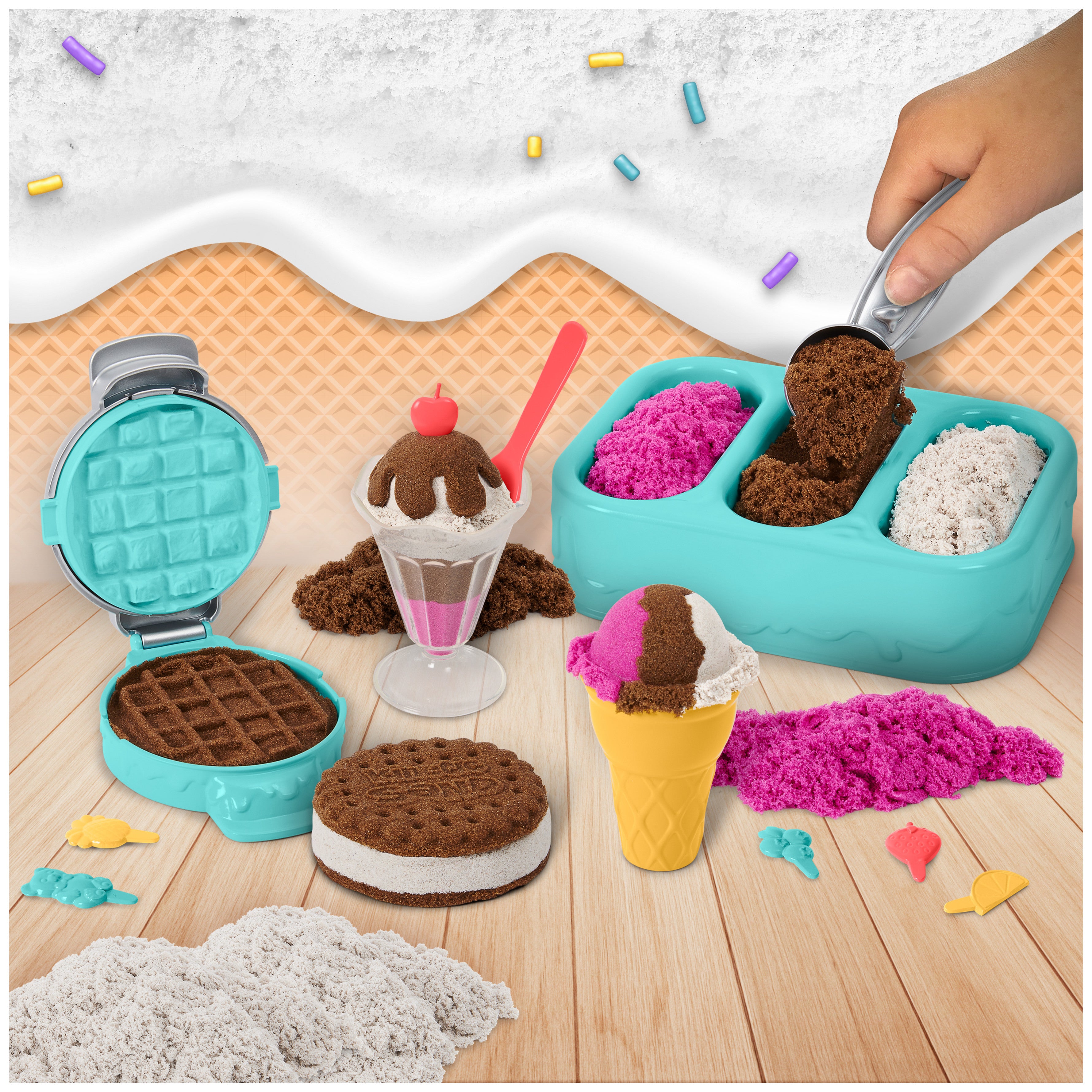 Kinetic Sand Scents, Ice Cream Treats Playset with 3 Colors of All-Natural Scented Play Sand and 6 Serving Tools, Sensory Toys for Kids Ages 3 and up