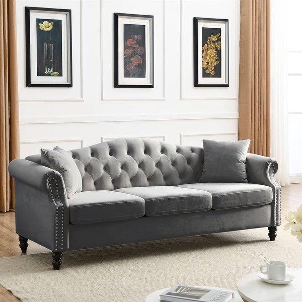 3 Seater Sofa Tufted Couch with Rolled Arms and Nailhead(Two Pillows)