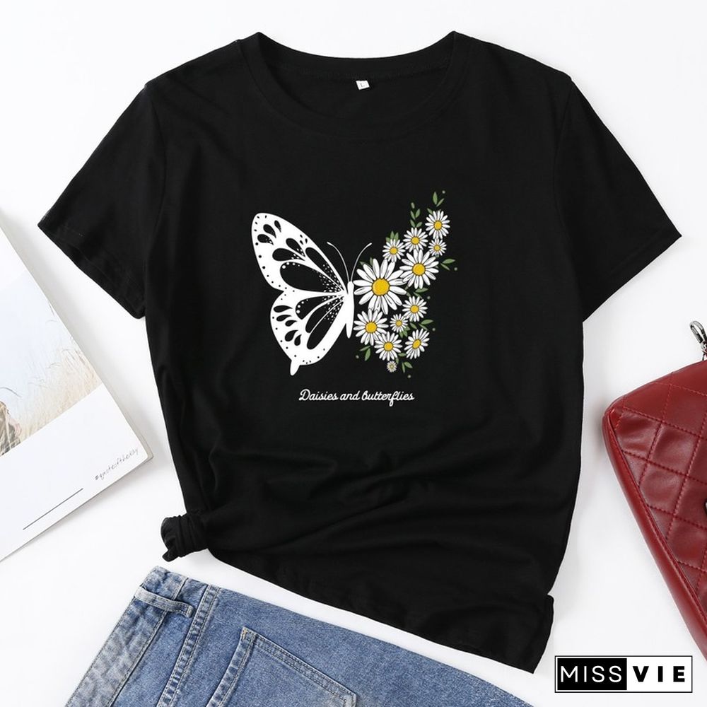 Summer Women Casual Short Sleeve T-shirt Butterfly Flower Print Female Fashion Graphic T Shirt Ladies Daily Loose O-Neck Tee Top