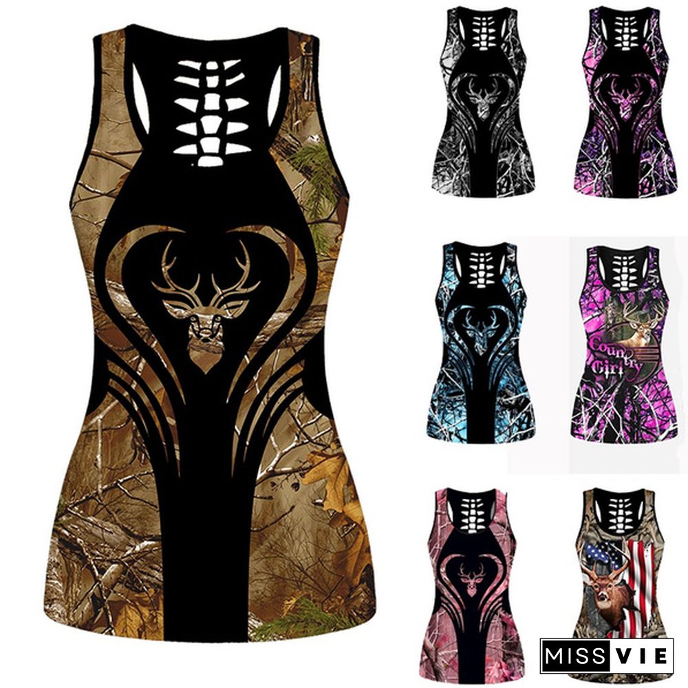 Deer Camouflage Print Cut Out Back Sleeveless Tank Top Sleeveless Shirts