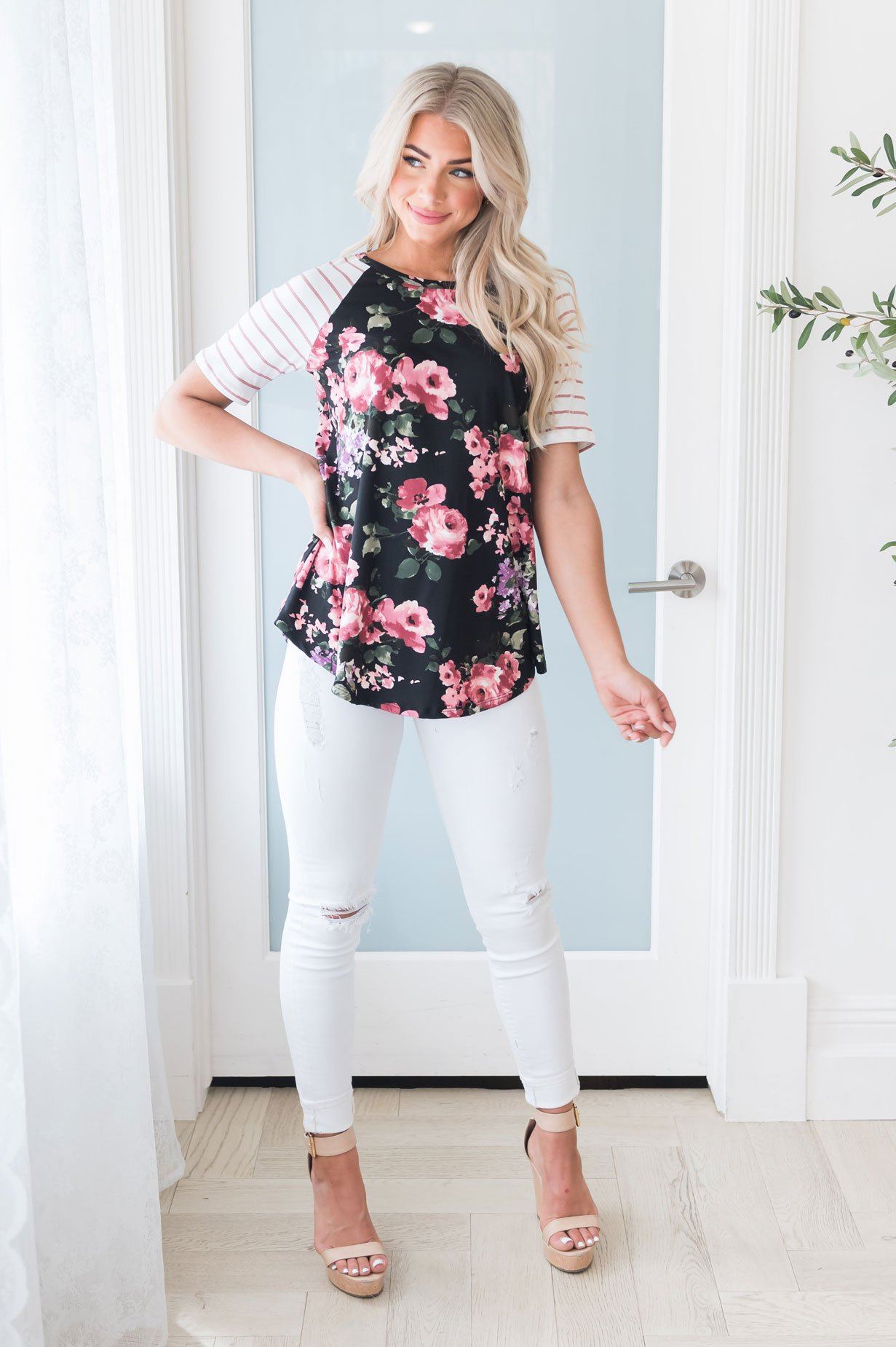 Floral & Stripes Baseball Sleeve Top