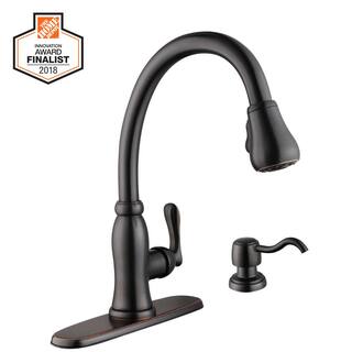 Glacier Bay Pavilion Single-Handle Pull-Down Kitchen Faucet with TurboSpray and FastMount and Soap Dispenser in Bronze HD67780-0027D