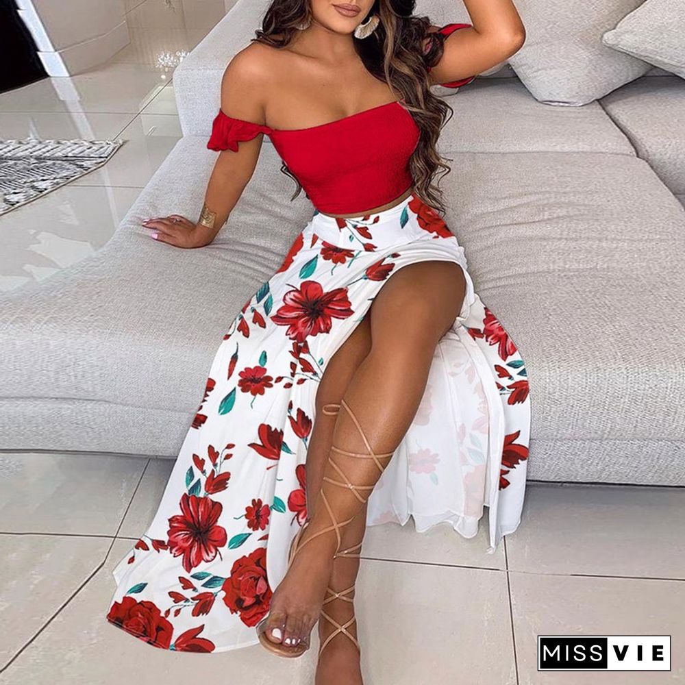 Off Shoulder Women Two Piece Set Sexy Slash Neck TopAnd Slit Summer Long Party Dress Suits Spring Floral Print Skirts Sets