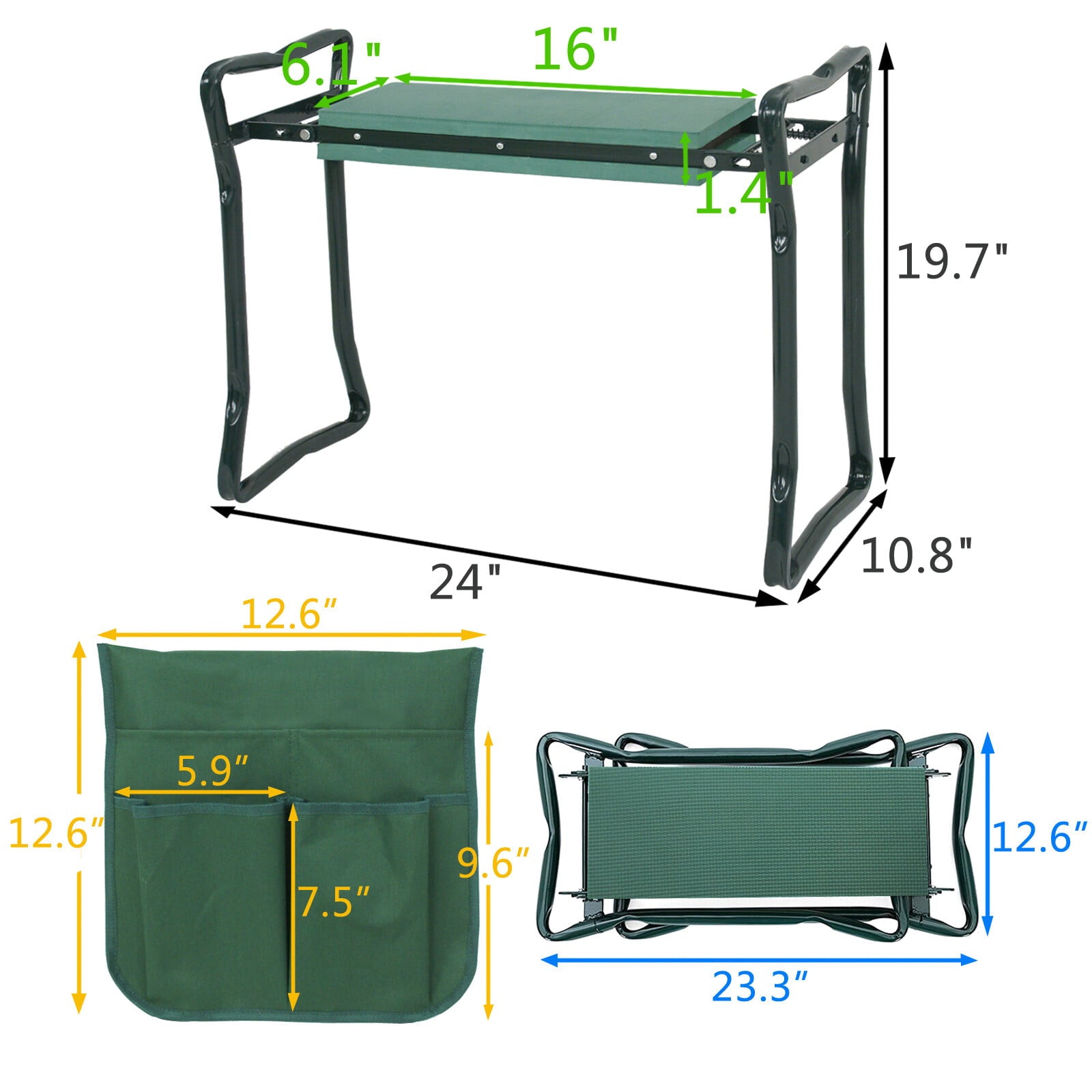 ZenSports Folding Garden Kneeler Seat, Portable Gardening Bench Stool Soft Kneeling Foam Pad W/Tool Pouch