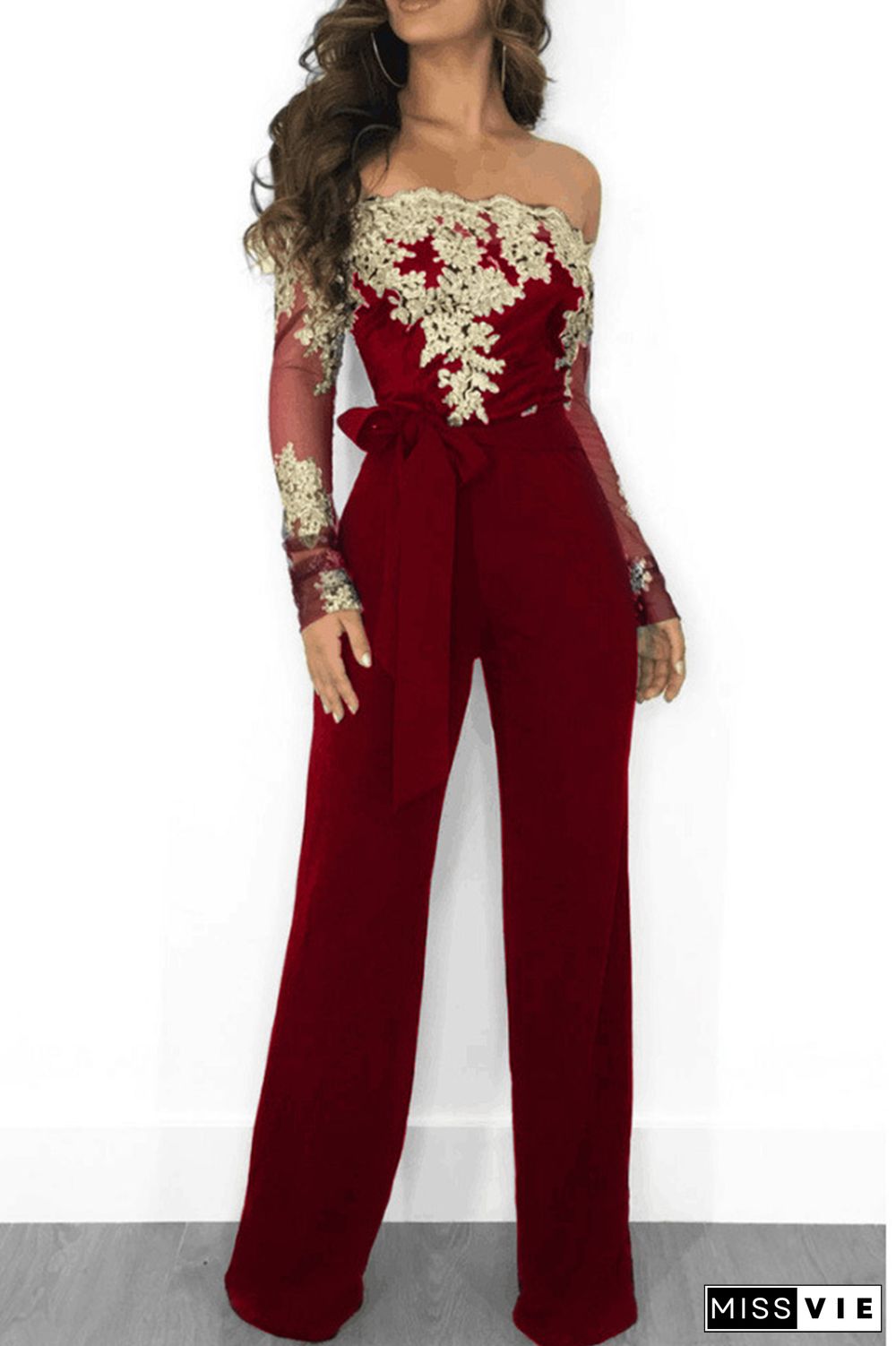 Sexy Solid Lace Off the Shoulder Boot Cut Jumpsuits