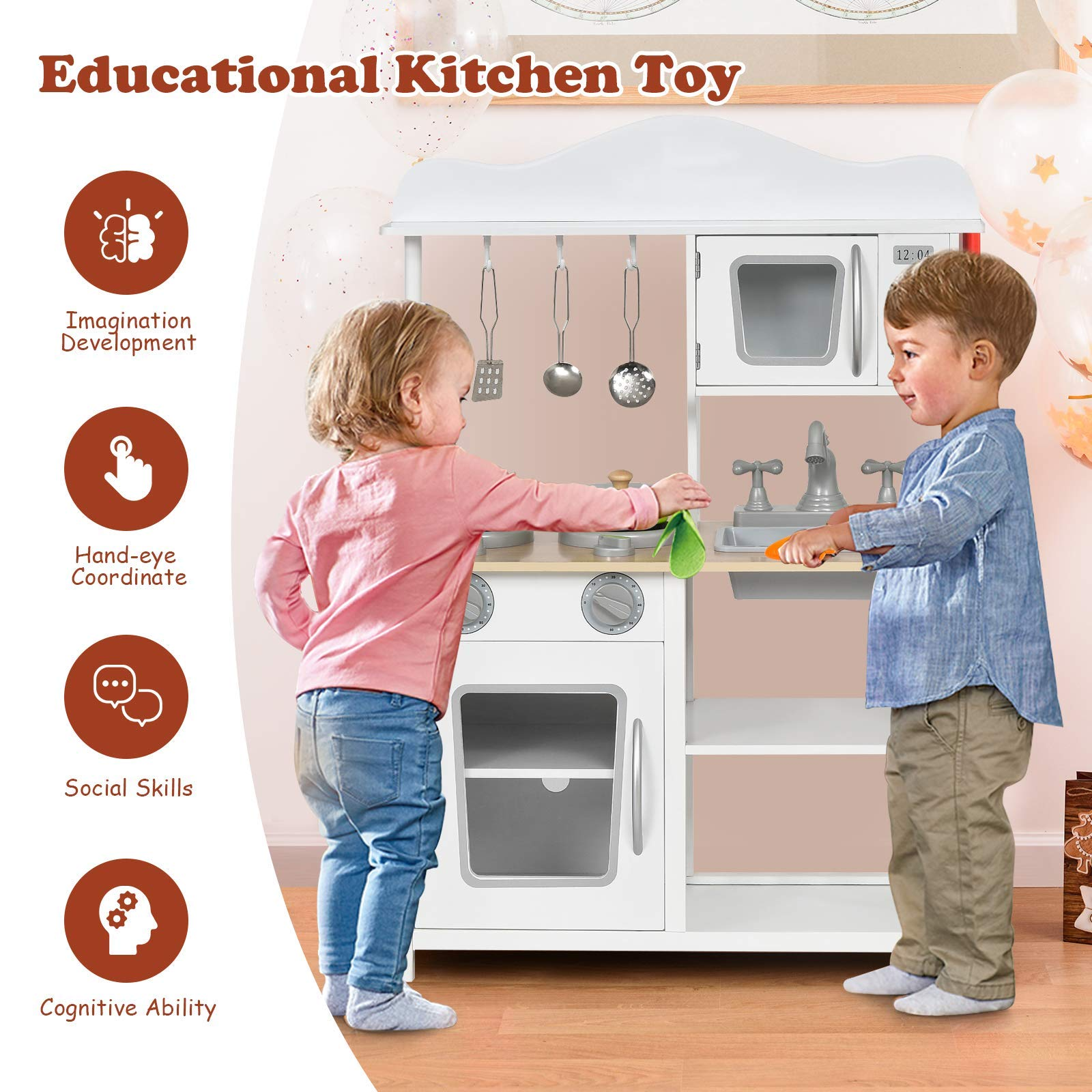 Costzon Kids Kitchen Playset, Wooden Play Kitchen w/ Sink (White)