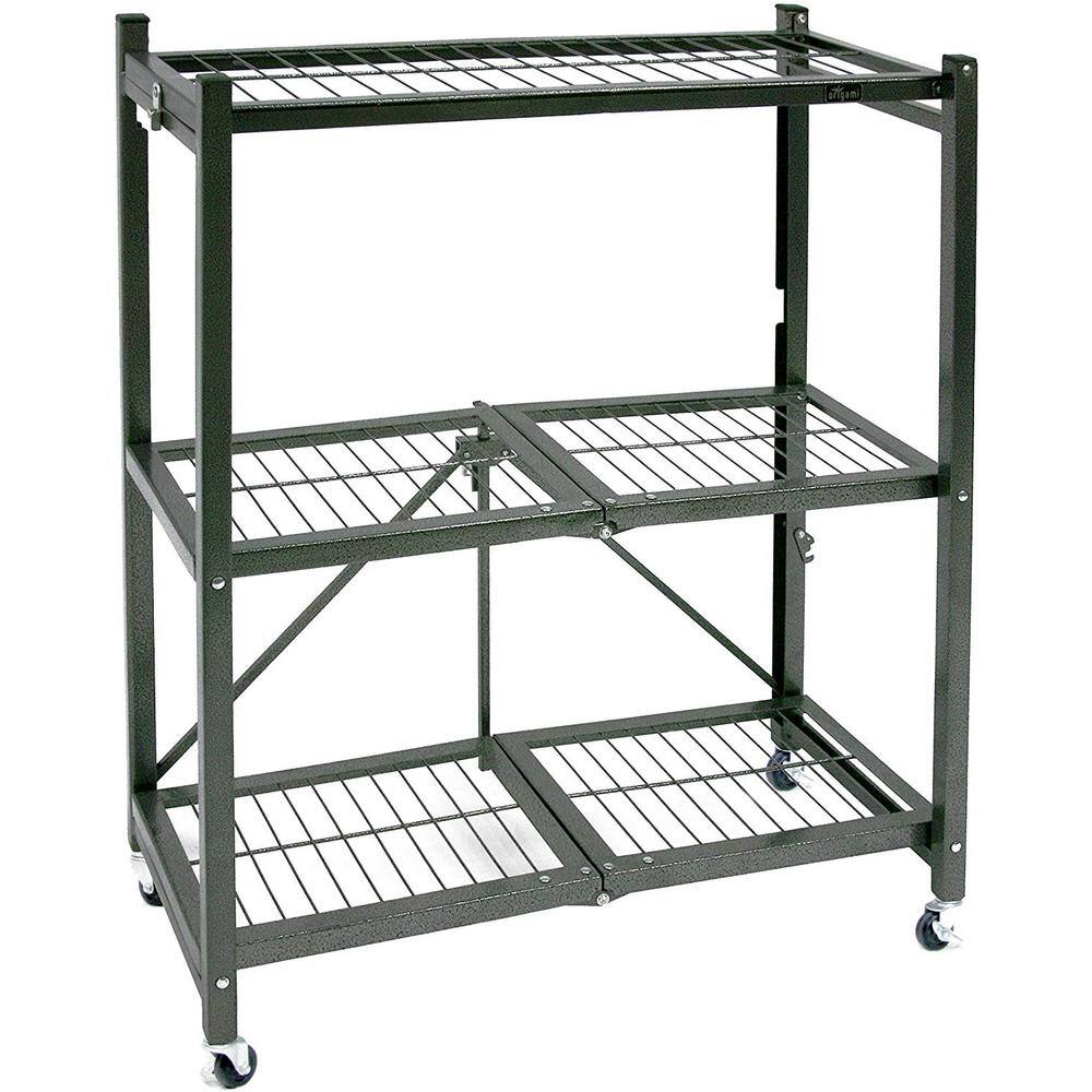 Origami 13.3 in. x 28.75 in. x 35.4 in. R3 Foldable Pewter 3-Tiered Shelving Unit Storage Rack and Wheels (4-Pack) 4 x R3-01W