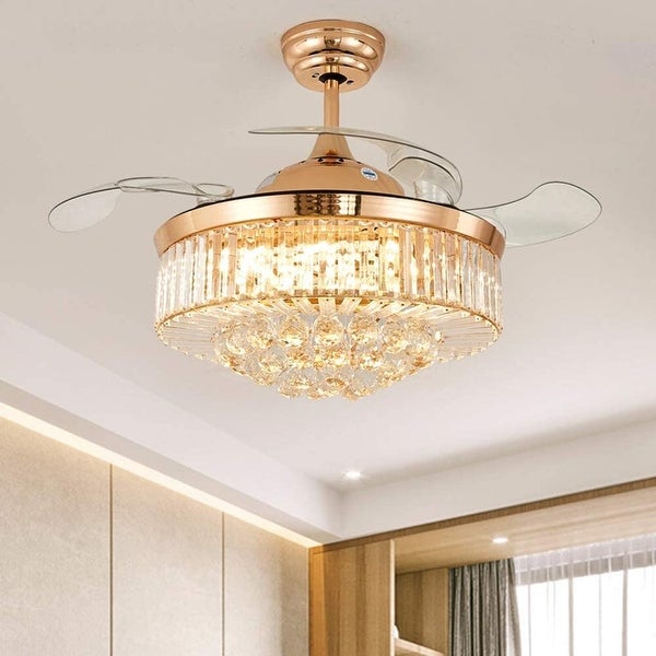 Crystal Ceiling Fan with Light Remote Control Chandelier Retractable Fandelier， Luxury 3 Color Lighting for Dining Room Shopping - The Best Deals on Ceiling Fans | 41540798
