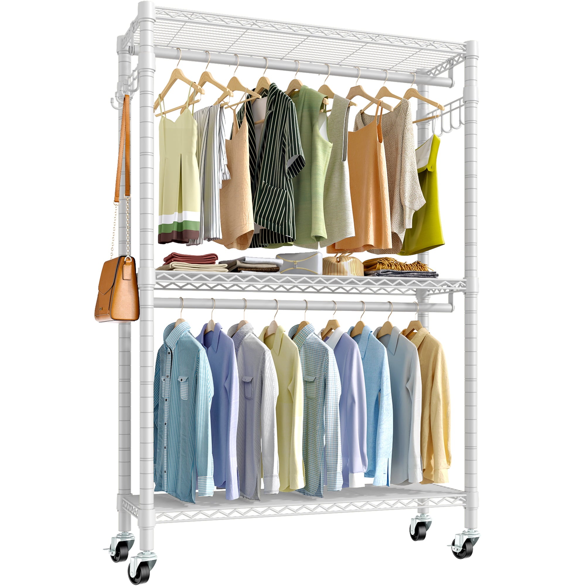 VIPEK V12 Metal Rolling Garment Rack 3 Tiers Heavy Duty Clothes Rack W/ Lockable Wheels Rods Hooks White