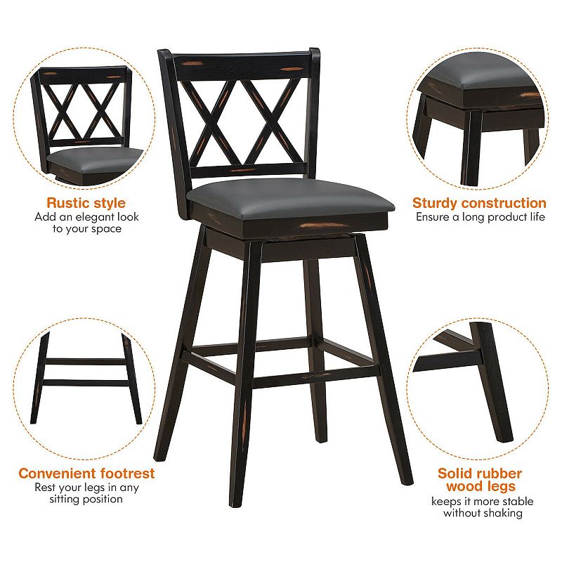 2 Pieces 29 Inches Swivel Counter Height Barstool Set with Rubber Wood Legs