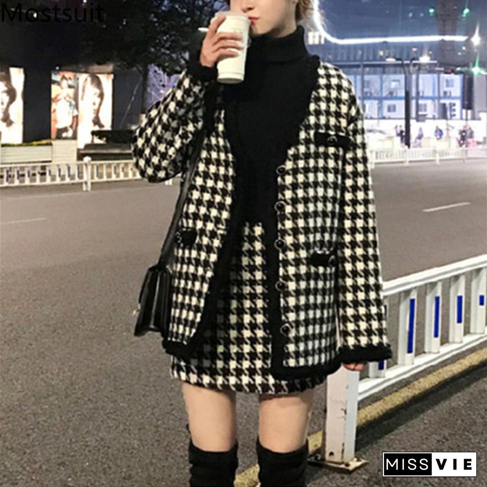 Houndstooth Vintage Two Piece Sets Outfits Women Autumn Cardigan Tops And Mini Skirt Suits Elegant Ladies Fashion 2 Piece Sets