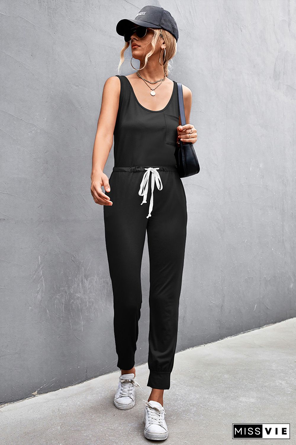 Strap U Neck Sleeveless Drawstring Waist Jumpsuit Wholesale