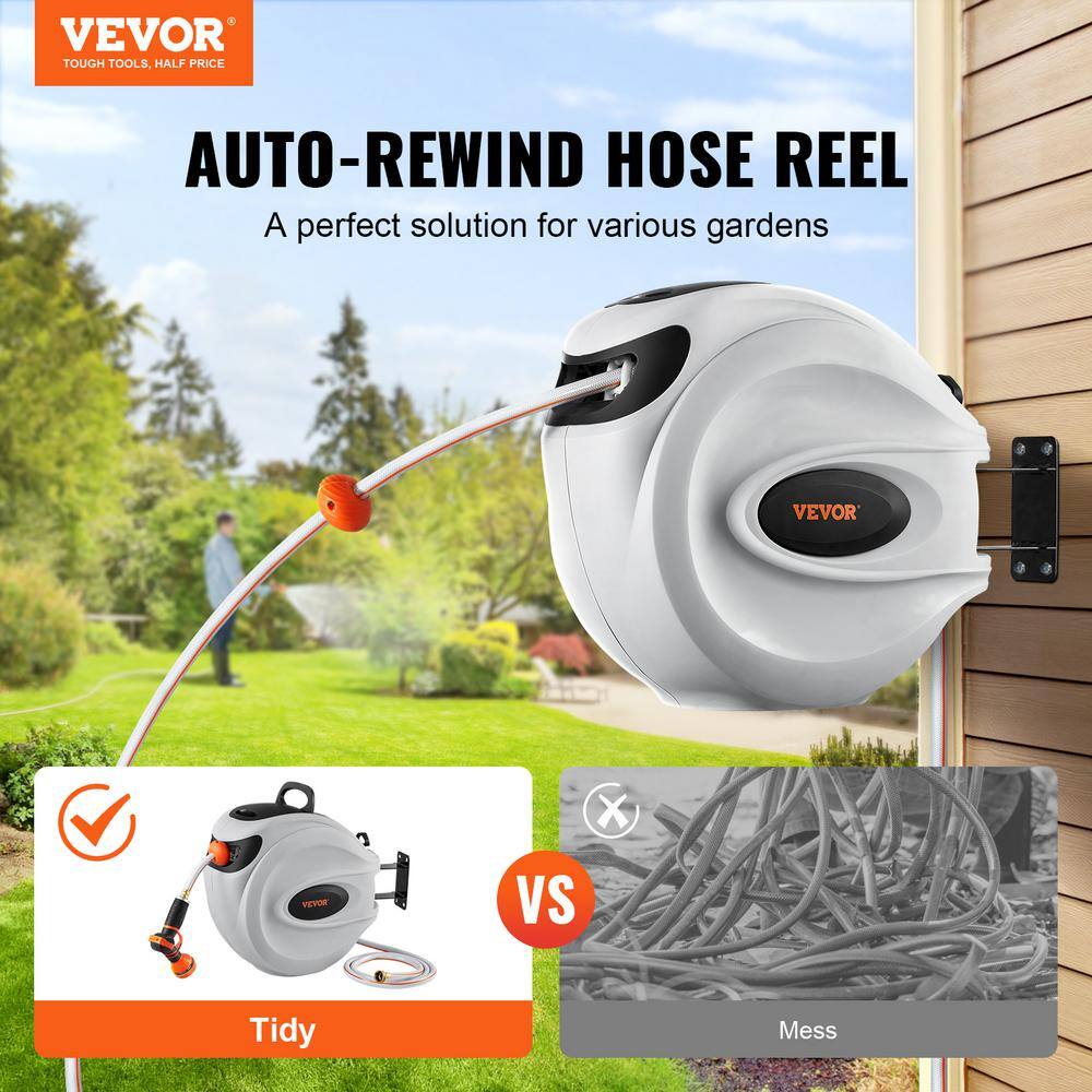 VEVOR Retractable Hose Reel 12 in. Dia x 130 ft. Garden Water Hose Reel with 9-Pattern Nozzle 180 Swivel Bracket KSSJGQHTSH1301MEUV0