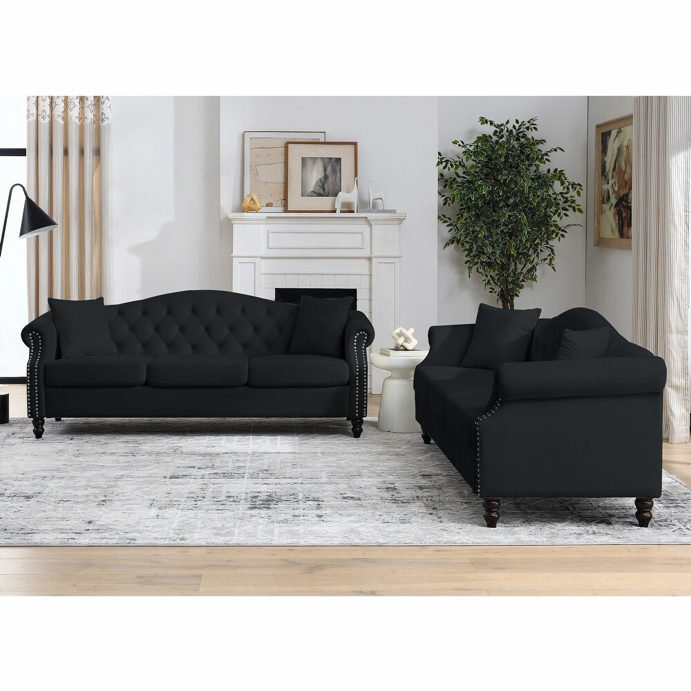 Deep Seat Black Velvet Sectional Sofa Sets w/ Removable Cushions  2pc   3+3 Seater