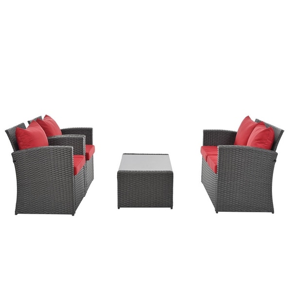 Outdoor Patio Furniture Rattan Outdoor Sofa Set Tempered Glass Table 4 Pillows Shelves Storage Waterproof Fabric