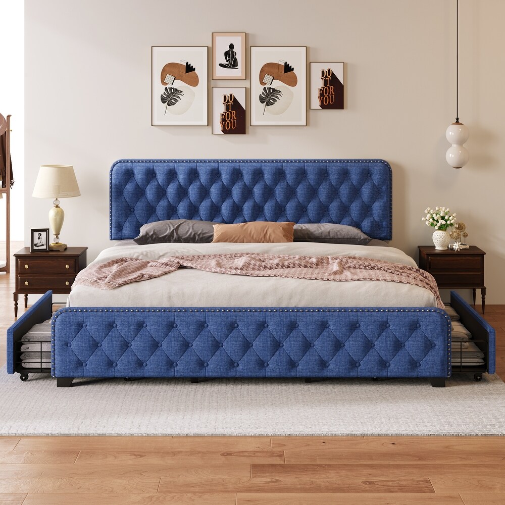 Metal Platform Bed Storage Bed with Button Tufted Headboard Footboard