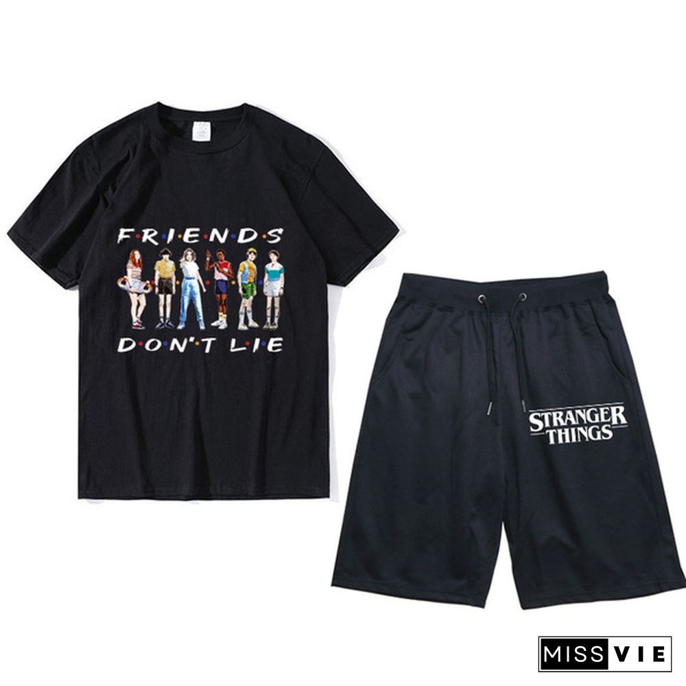 Summer Fashion Stranger Things T-Shirt + Short Pants Suit Unisex Casual Crew Neck Short Sleeve Drawstring Shorts Set