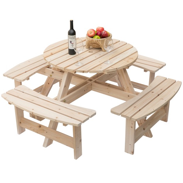 Gardenised Wooden Outdoor Patio Garden Round Picnic Table With Bench 8 Person Natural