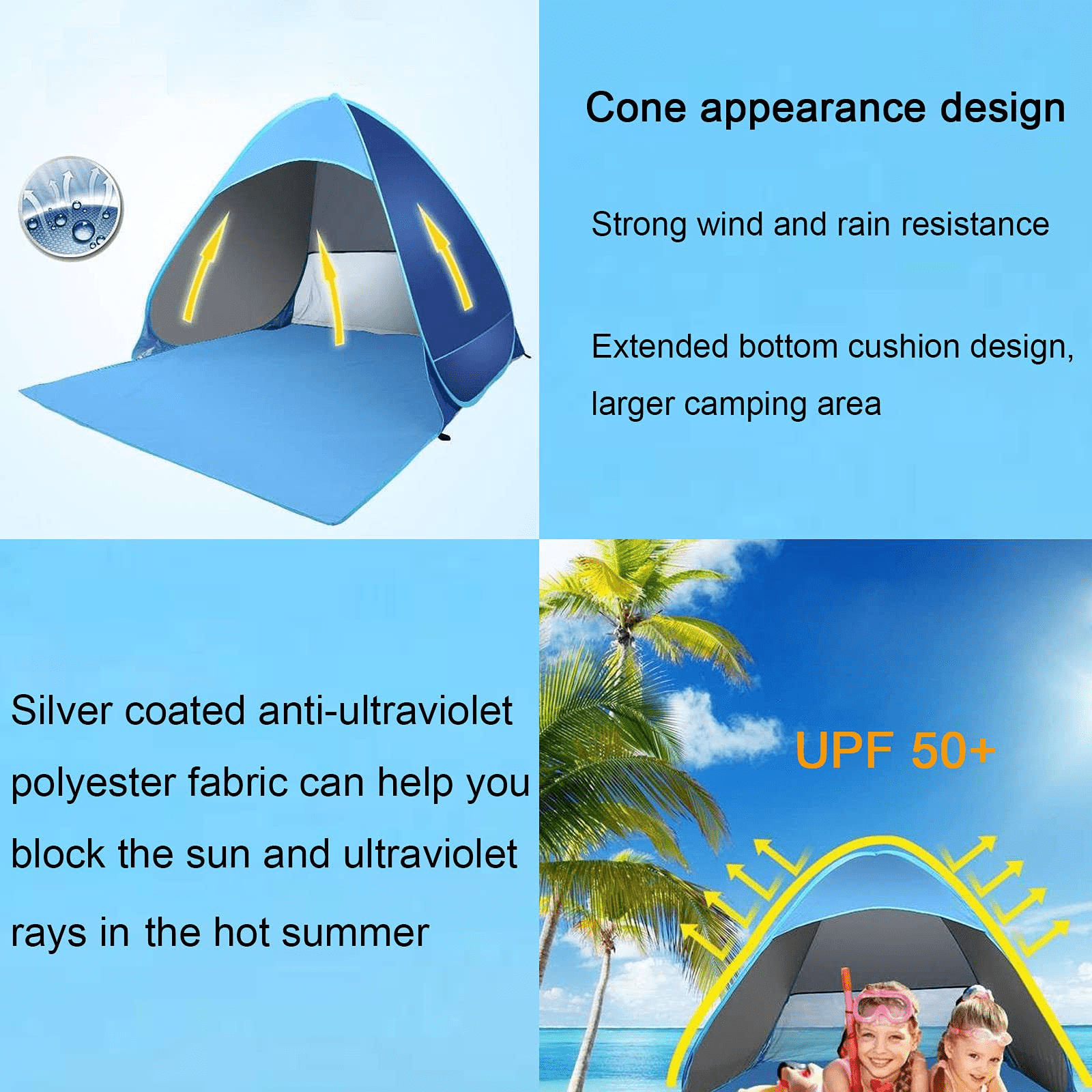 SEREE Automatic Pop up Beach Tent for 3-4 Person UPF 50+ Instant Portable Outdoors Quick Cabana Sun Shelter with Carry Bag Blue