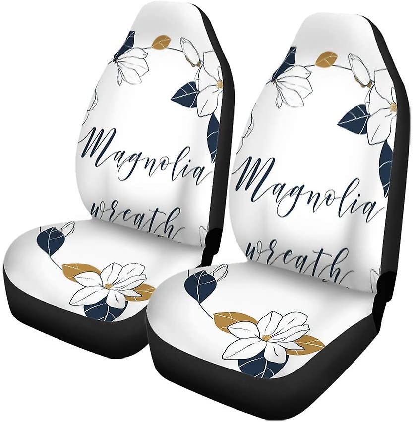 Set Of 2 Car Seat Covers Magnolia Wreath In Deep Blue And Bronze Colors Flowers Universal Auto Front Seats Protector Fits