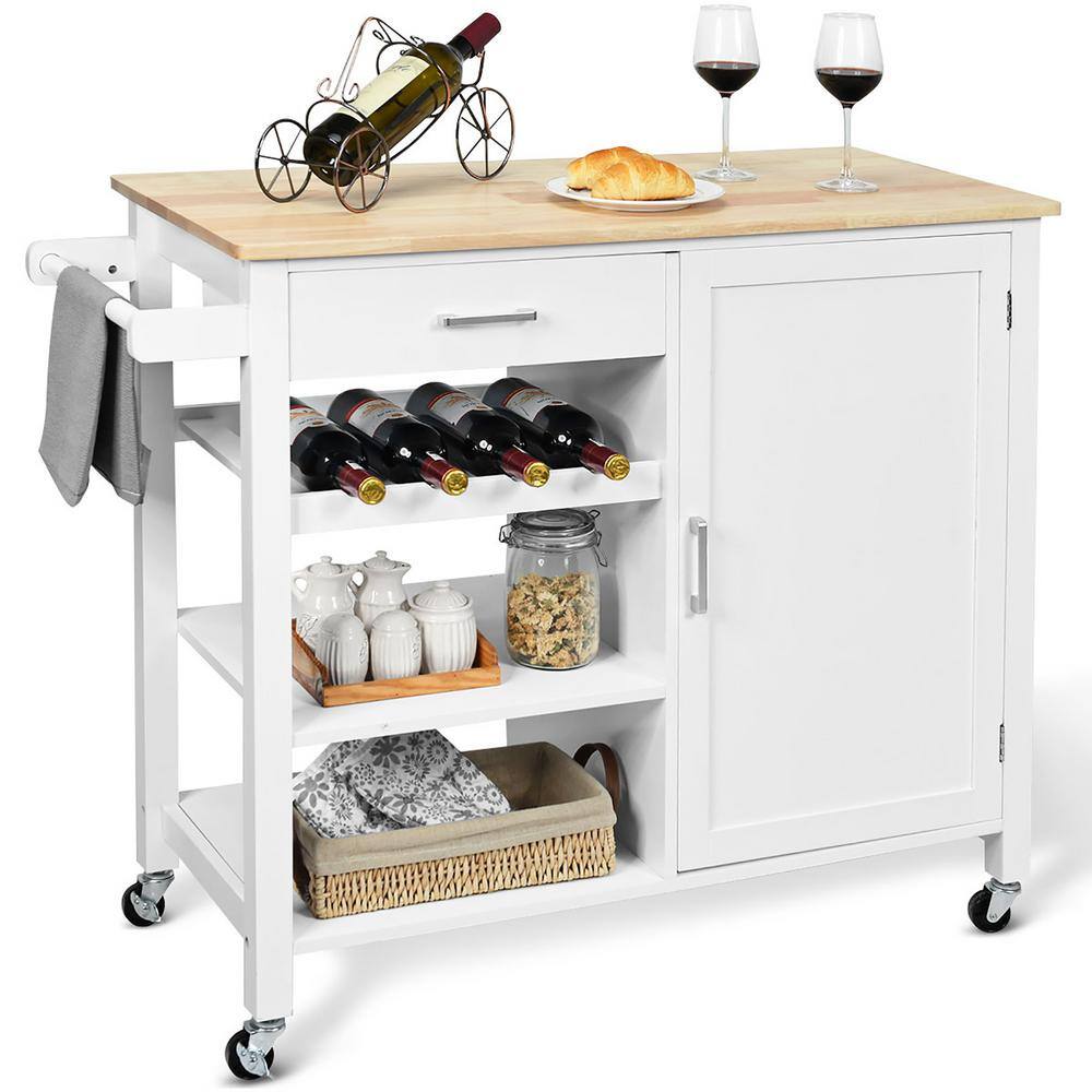 Costway 4-Tier White Wood Kitchen Island Trolley Cart Storage Cabinet with Wine Rack HW66112WH