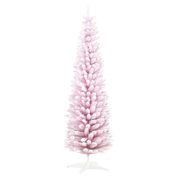 6ft Snow Flocked Artificial Slim Pencil Christmas Tree with Realistic Branches and Plastic Base Stand