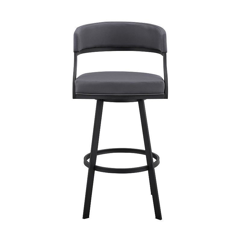 Beth 30 Inch Bar Stool， Curved Back， Swivel Chair， Vegan Faux Leather， Gray