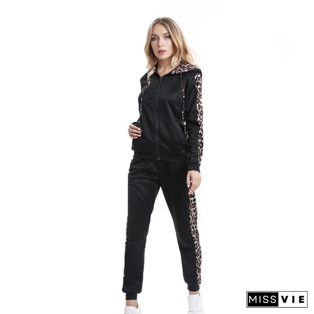 Women Fashion Leopard Printed Two Pieces Sports Suits Tops With Pants Tracksuit 2 Pieces Set Sweat Suits Jogging Outfits For Woman