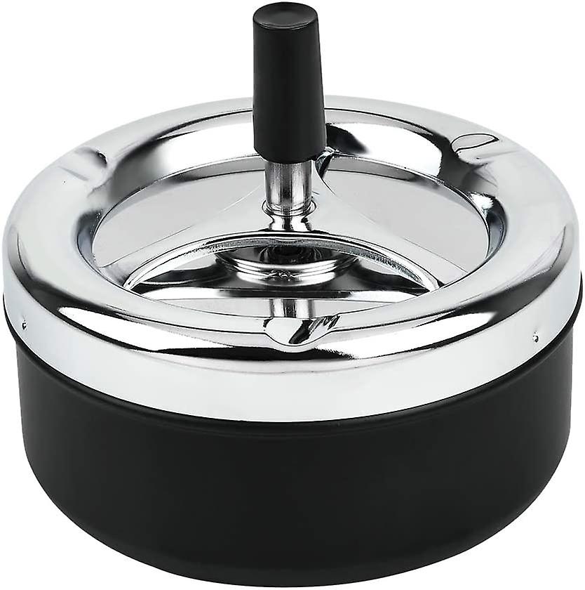 Round Push Down Ashtray With Spinning Tray Metal Cigarette Ash Tray Large 5.2 Inches Home Ashtray For Outside Patio - Black