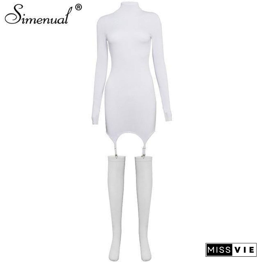 Simenual Solid Bodycon Garter Women Mini Dress with Stocking Long Sleeve Sexy Clubwear Skinny Party Dresses Autumn Hot Slim