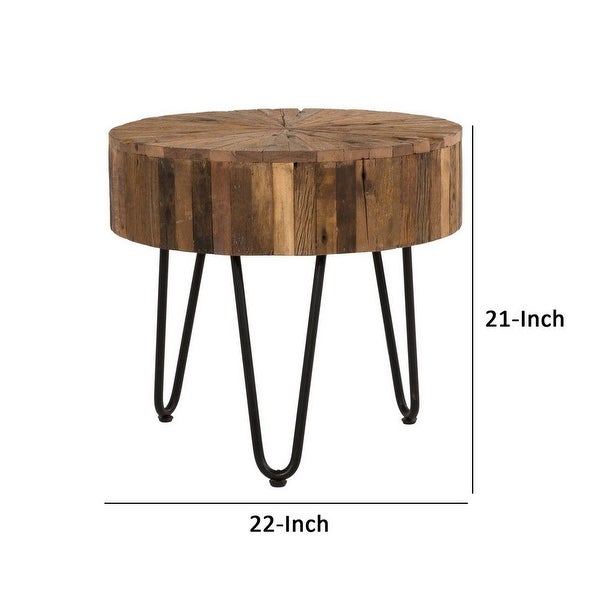 Zoro 22 Inch End Table， Reclaimed Wood， Hairpin Legs， Brown and Black - 22L x 22W x 21H， in inches