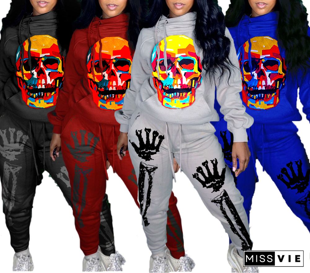 Fall Skeleton Halloween Printed Thick Hoodie Sweatpants Set