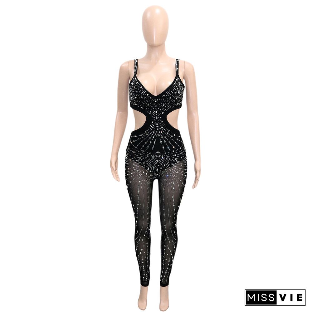 Elegant Hot Drill Cut Out Mesh Bodycon Jumpsuit