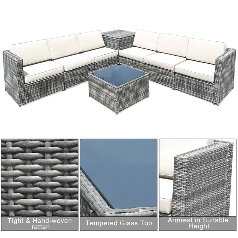 8 Pcs Rattan Patio Sectional Sofa Couch Set Outdoor Wicker Furniture Set with Storage Table & Cushions