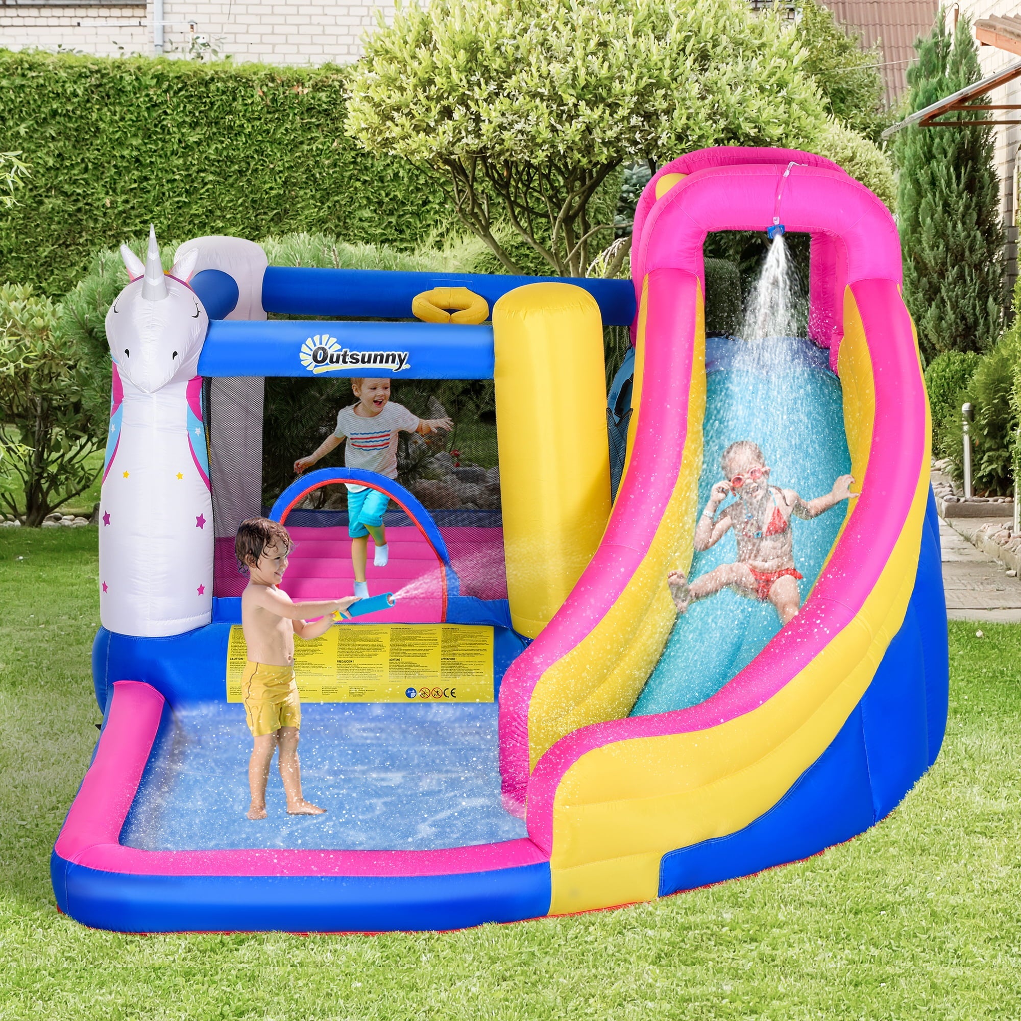 Outsunny Inflatable Water Slide 5 in 1 Bounce House Castle with Air Blower for 3-10 Years