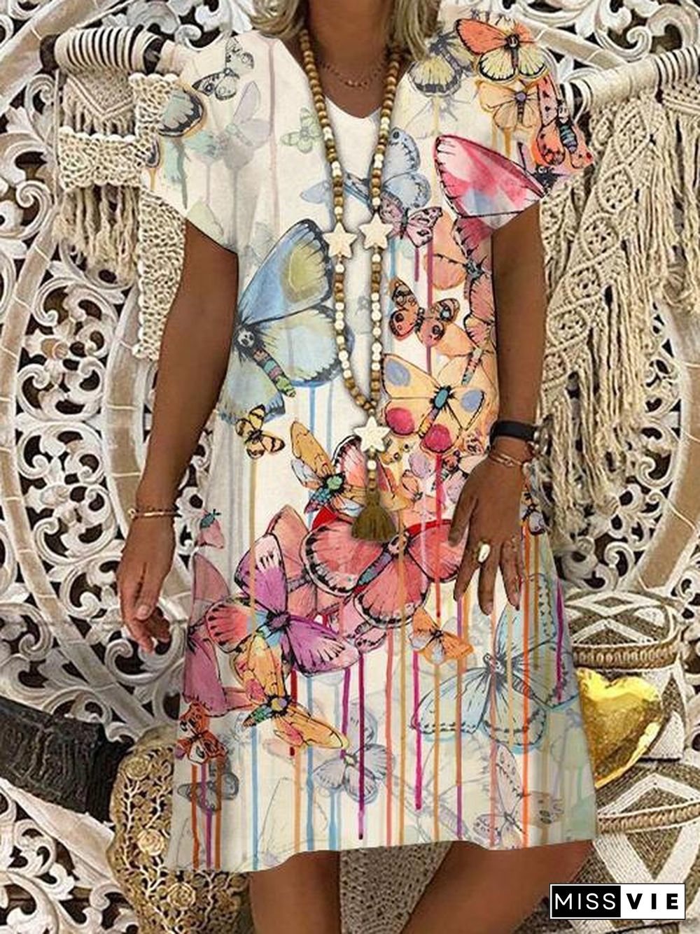 Women's Watercolor Butterfly V-neck Short Sleeve Dress