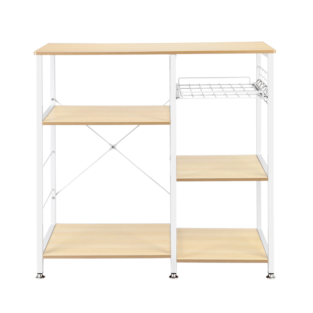 Metal Storage Shelves， Microwave Oven Stand Storage Cart Storage Shelf， X-shaped Metal Shelving with 5 Hanging Hook， Round Corner， Adjustable Feet， Pull-out Basket， 3-Tier Shelves， Natural， Q4502