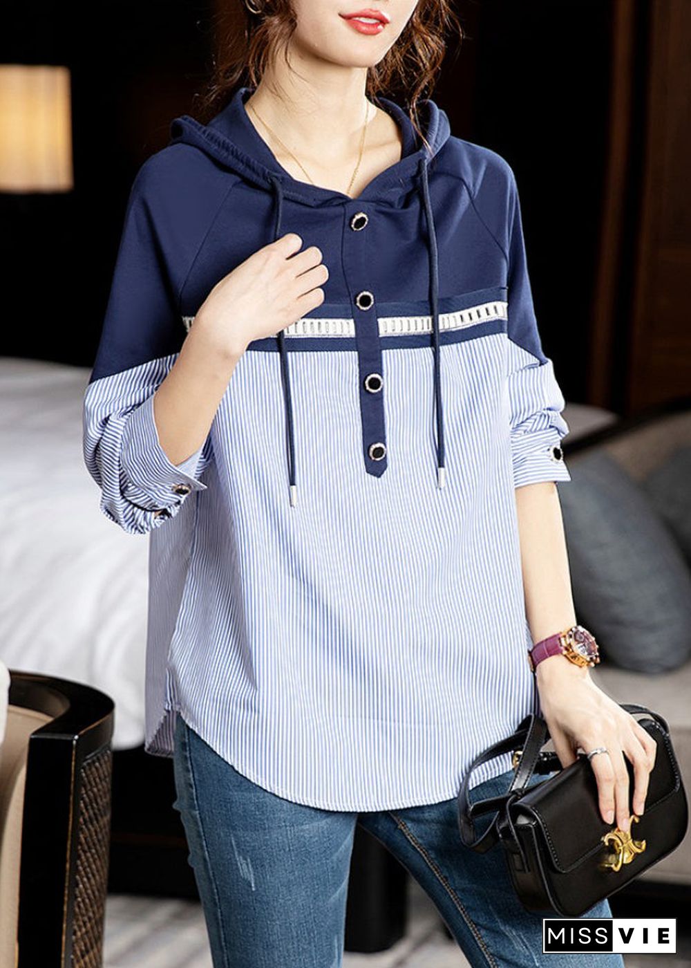 Style Striped Hooded Patchwork Cotton Shirt Long Sleeve