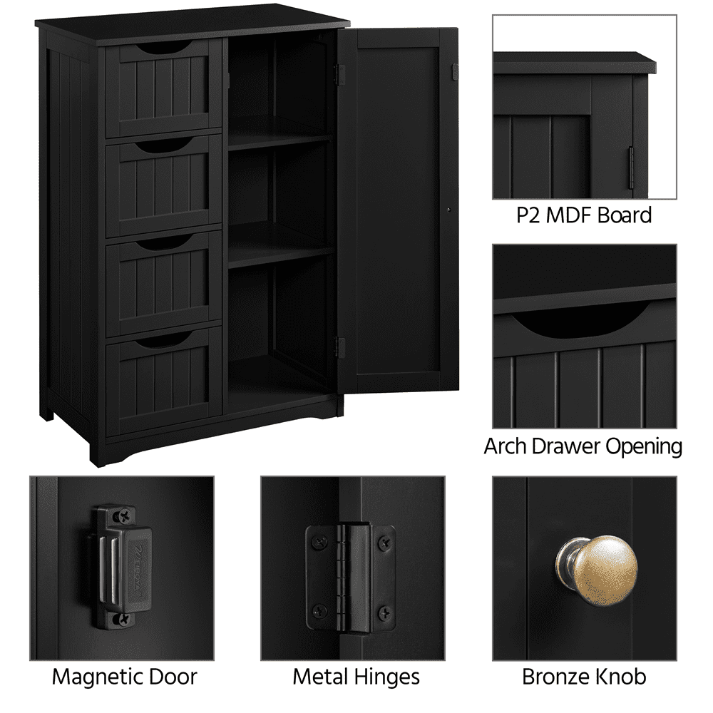 SMILE MART 4 Drawers Wooden Bathroom Floor Cabinet for Home, Black