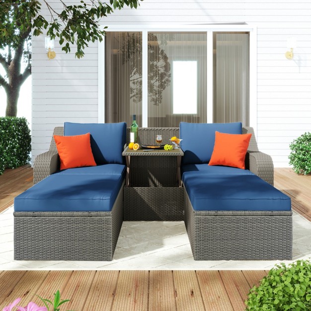 3 piece Patio Wicker Sofa Set With Cushions Pillows Ottomans And Lift Top Coffee Table modernluxe