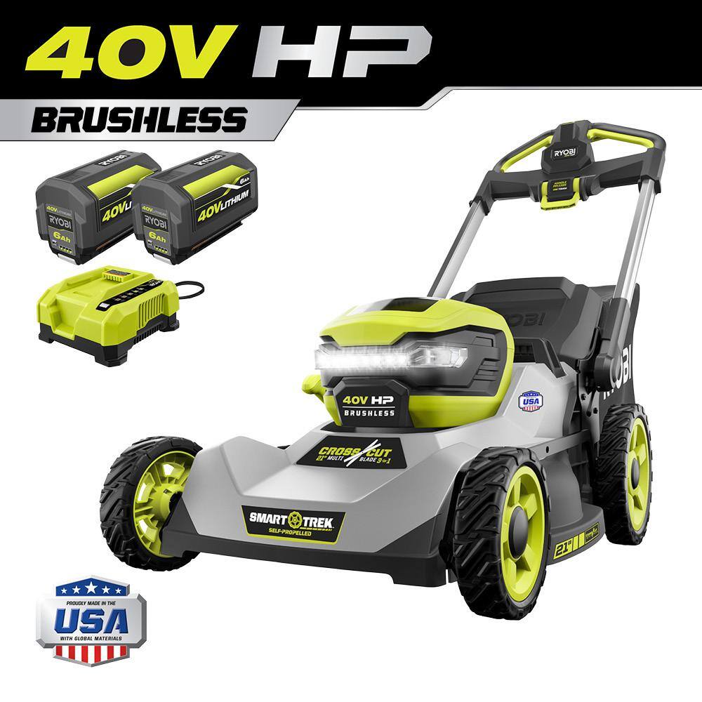 RYOBI 40V HP Brushless 21 in. Cordless Battery Walk Behind Dual-Blade Self-Propelled Mower with (2) 6.0 Ah Batteries  Charger RY401150